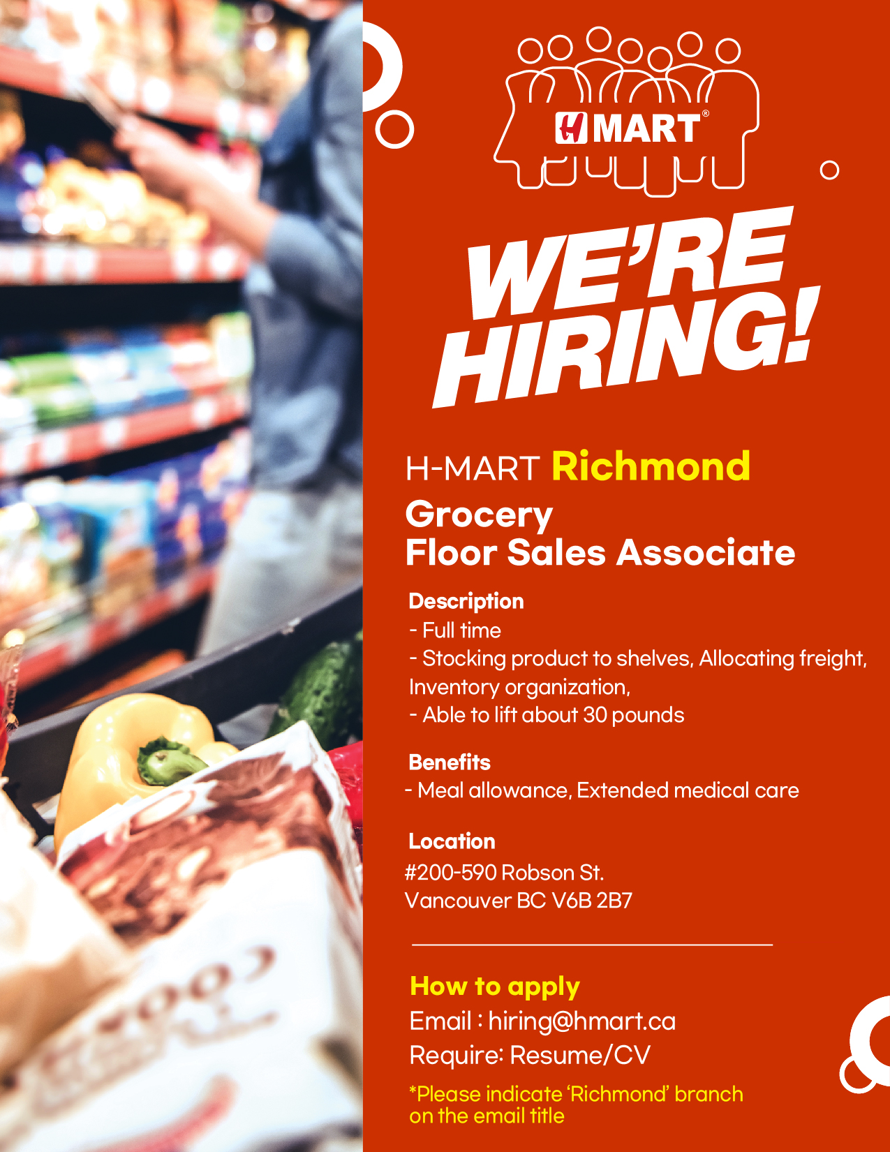 [H-Mart: Richmond] Floor Sales Associate - Grocery/ Hot Food/ Houseware/ Produce - [H-Mart: Richmond] イメージ画像
